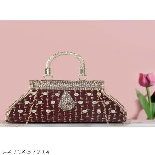 Stylish Fancy Designer Wedding Party Classy Trendy Gold Chain Strap Handcrafted Clutch For Women