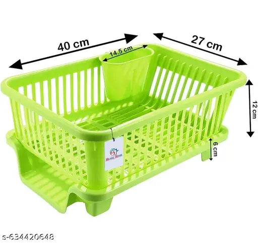Sink Dish Rack | 3 in 1 Durable Plastic Drainer Drying Rack Washing Basket with Tray | Dish Rack Organizers, Utensils Tools Cutlery | Green, Pack of 1