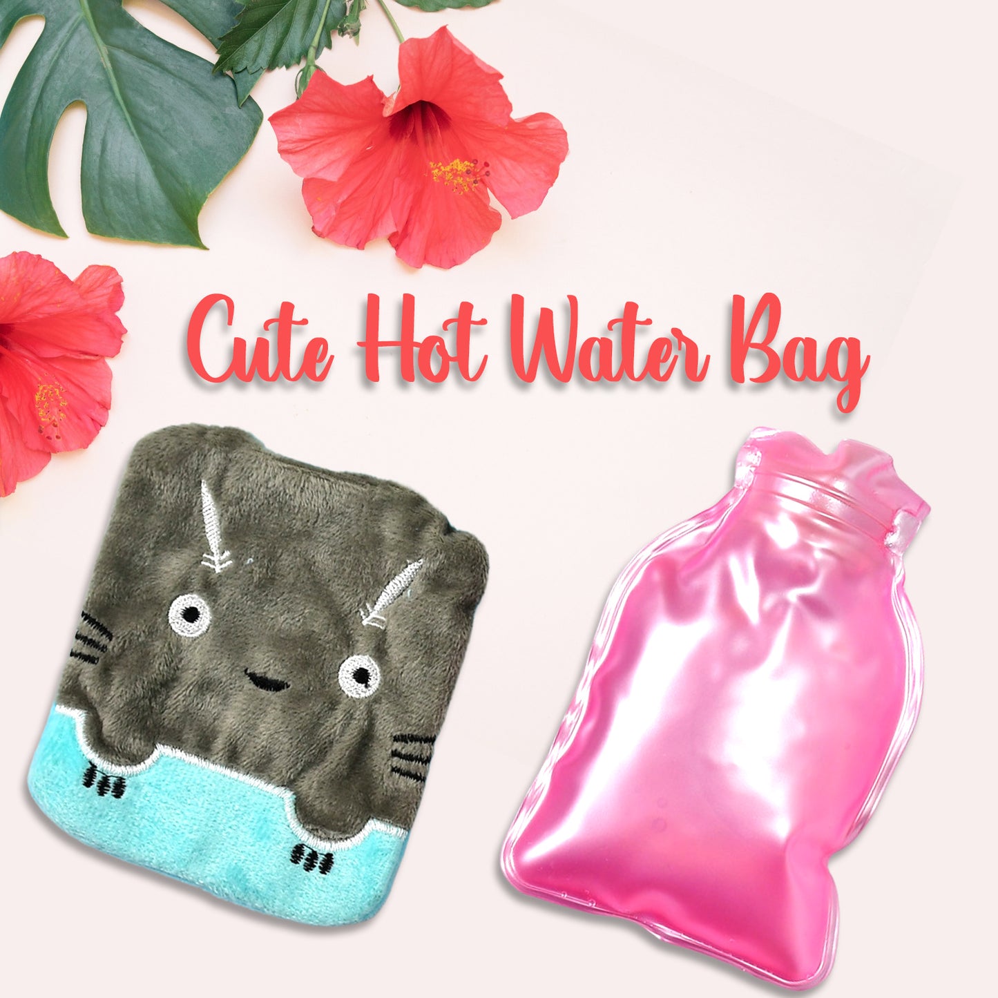 6528 Grey Cat Print Small Hot Water Bag With Cover For Pain Relief Neck Shoulder Pain And Hand Feet Warmer Menstrual Cramps. - Springkart 