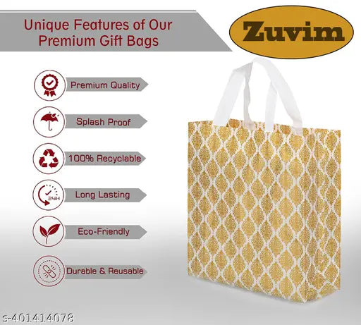 Carry Bag for Return Gifts | Shopping Bag | Reusable Non-Woven Tote Bags, White-Gold Printed Pack of 10nos