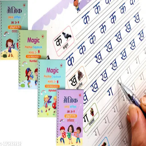 Hindi And English Language  Magic Practice copy Book Hindi Alphabet And Number or English Alphabet And Number 4Book+10Refills+1Pen+Grip Hindi Magic Practice copy book