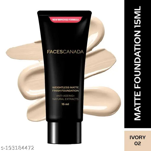 FACES CANADA Weightless Matte Finish Foundation - Ivory, 15ml | Lightweight | Natural Finish | Anti-Ageing | Non-Clog Pores | Enriched With Olive Seed Oil, Grape Extract, Shea Butter
