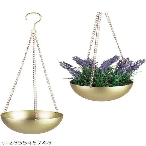 Metal Valencia Hanging Gold Small Planter Pot | Hanging Pots Round Planter Solid Look for Home & Balcony Garden (set of 2 Piece, Golden)