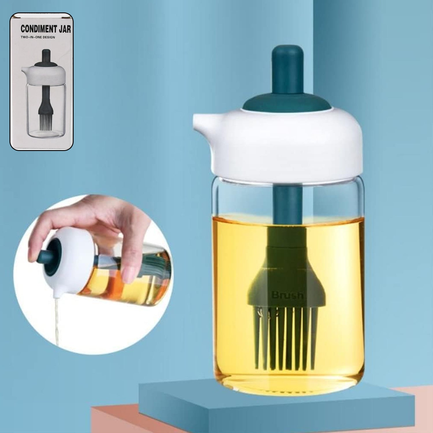 2 In 1 Glass Oil Dispenser Jar Bottle With Brush (1 Set) - Springkart 