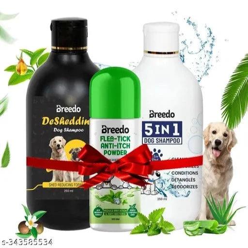 Breedo Dog (Combo of 3) Deshedding Shampoo + 5IN1 + Powder 140 Gm Allergy Relief, Conditioning, Anti-dandruff Natural Dog Shampoo (500 ml)