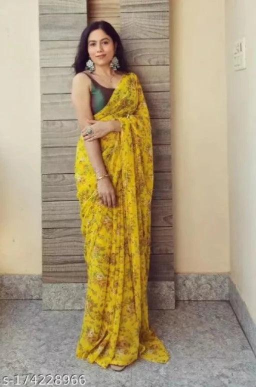 AnyTime's Printed Yellow Georgette Chiffon Saree With Blouse Piece - Springkart 