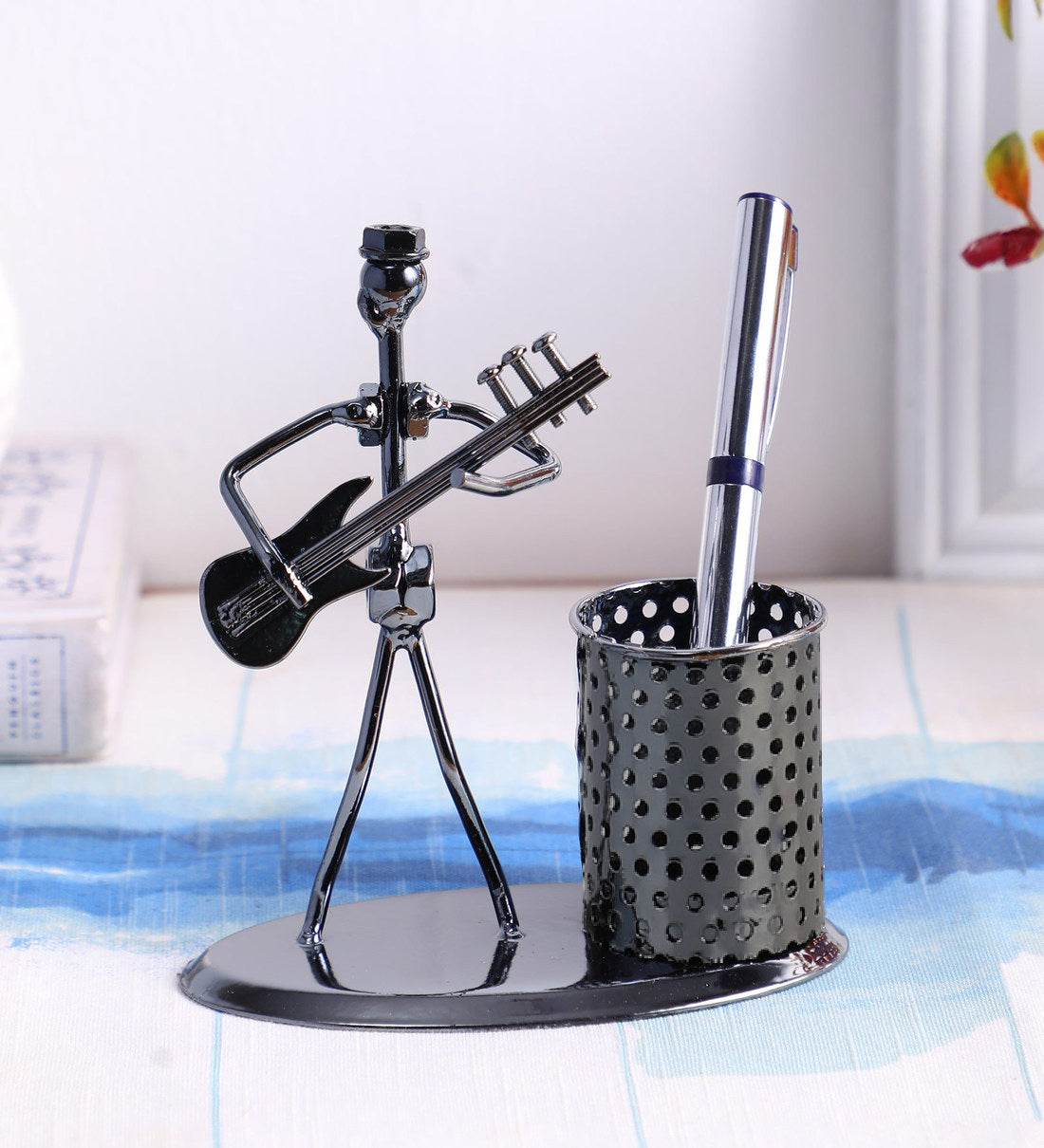 Iron Musician Playing Bass Guitar Pen Stand Showpiece - Springkart 