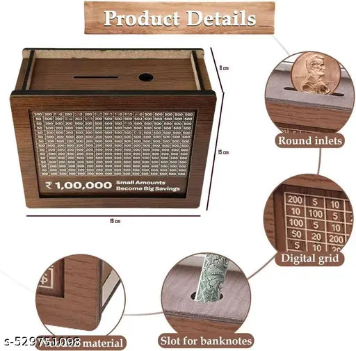 1 Lakh Wooden Money Piggi Bank for Kids/Piggy Bank, Money Box, Coin Box with Carved Design for Kids/Children, Savings Challenge Box, Cashbox,Cash Vault Wooden Savings Box,Wooden Coin Piggy Bank,Money Save Box Smash, Money Save