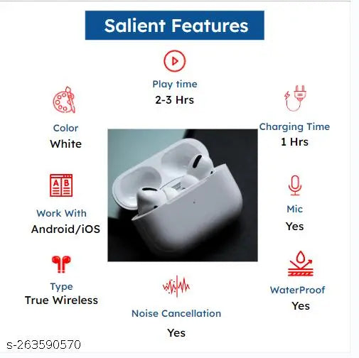 True Wireless Bluetooth Headphone (with case cover) with 2-3 Hrs Playtime & Compatible for all Smartphones (White)