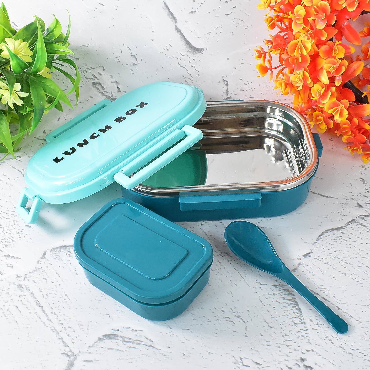 3 In 1 Spicy Bite Stainless Steel Lunch Box With Plastic Small Box Spoon (1 Set) - Springkart 