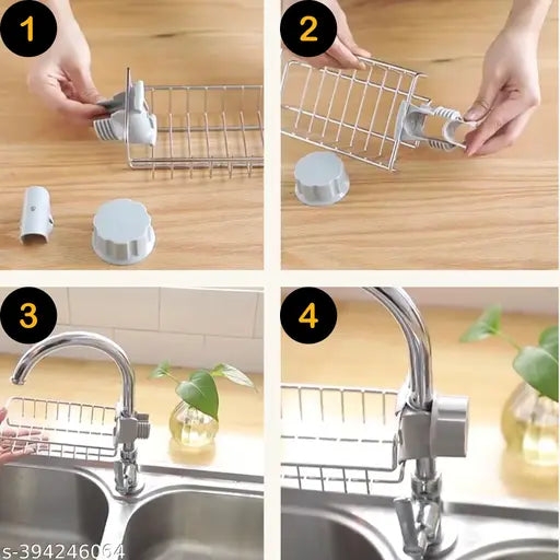 kitchen Sink Organizer Faucet Sponge Holder Caddy Universal organizer, stainless steel heavy duty thickening hanging drain rack for scrubbers, soap, bathroom, detachable no suction cup soap holder for kitchen sink
