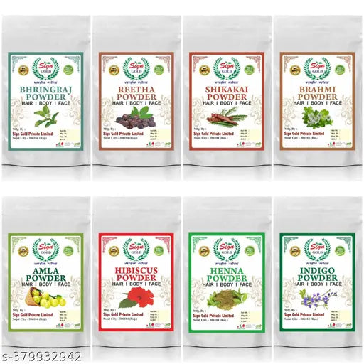 Hair care combo Amla Reetha Shikakai Bhirnraj Henna Hibicus Bhrami Indigo Powder pack of 8 Hair pack 400gm  Natural Mitti Powder | Neem Powder | Rose Powder | Chandan Powder  |  Herbal Skincare Set | Organic Face Masks | Ayurvedic Beauty Products | Pure B
