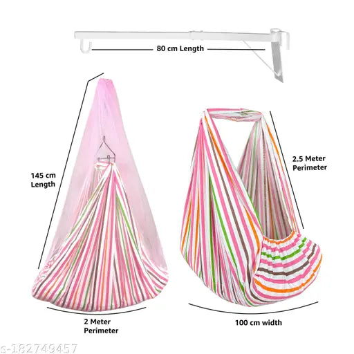 New Born Baby Jhula With Bed Cradle, Mosquito Net, Triangle Hanger and Metal Window Hanger|Weight Capacity upto 20kg | Age From 0-12 Months