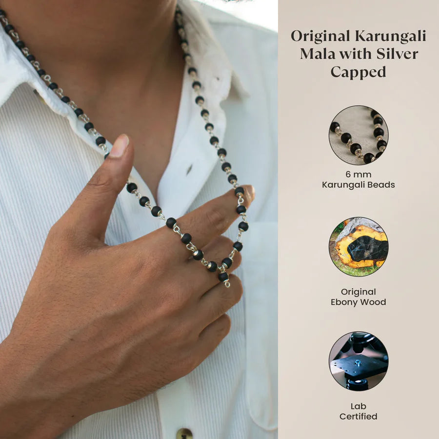Silver Capped Karungali Malai – with Free Karungali Bracelet Gift with Govt. Certification