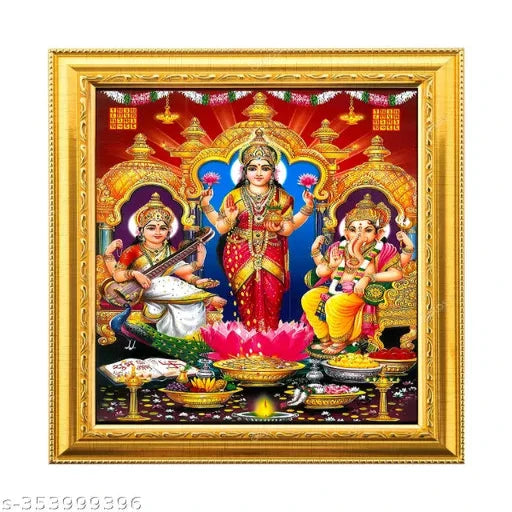 Lakshmi mata /Mahalaxmi /Ganesha ji Saraswati mata/ golden Photo Frame (6 inchesx8 inches)