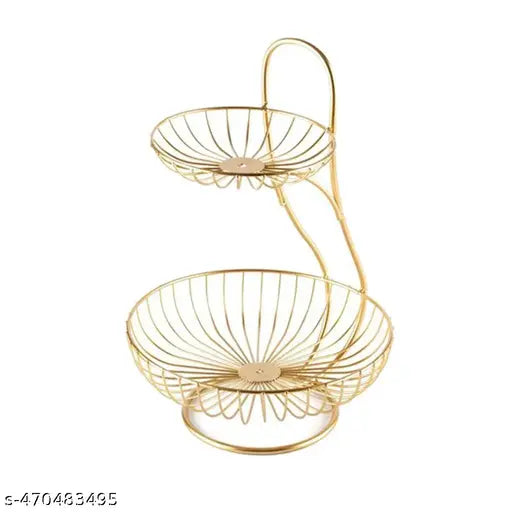 2 Tier Fruit and Vegetable Basket for Kitchen, Dining Table, Counter Top Big Size Fruit Bowl Organizer for and Stand Holder Table Countertop Rack [Gold)