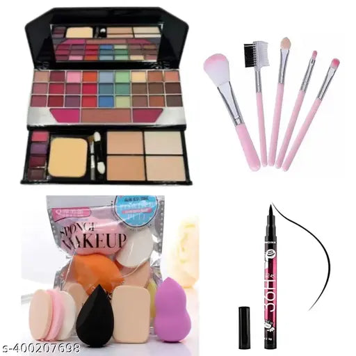 Women's & Girl's Multicolor Makeup Kit (Eyeshadows + Compact + Blusher + Lipsticks) All in 1 Makeup Kit +6 in 1 puff +5 pcs brush+ eyeliner pack of 13