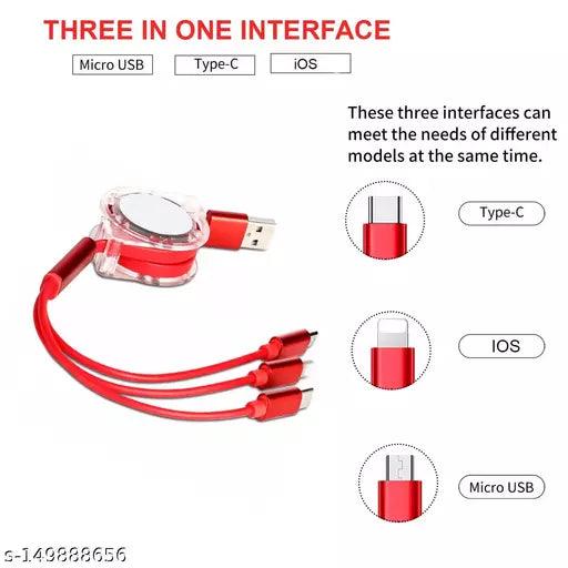 3-in-1 Mobile Data Cable + Carry Pouch Retractable USB Charging Cable Charger 1 meter Micro USB Cable - Springkart 