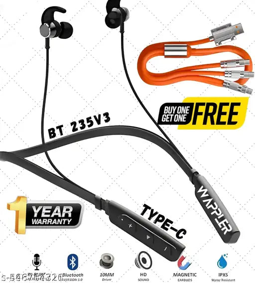 BT-235 Black Bluetooth Neckband With Free 3in1 Cable Wireless Neckband Clears Sound Quality With Powerful Bass 20HR Battery Type C Charge Magnetic Lock Metal Look &  Awesome Mic Sound Big Battery Type-C Fast Charge