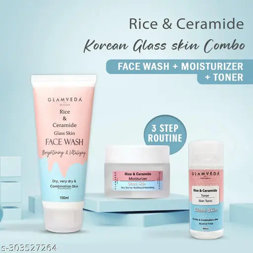 Korean Glass Skin Rice & Ceramide 3-Step Skincare Kit,Anti-Aging & Barrier Repair