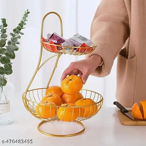 2 Tier Fruit and Vegetable Basket for Kitchen, Dining Table, Counter Top Big Size Fruit Bowl Organizer for and Stand Holder Table Countertop Rack [Gold)
