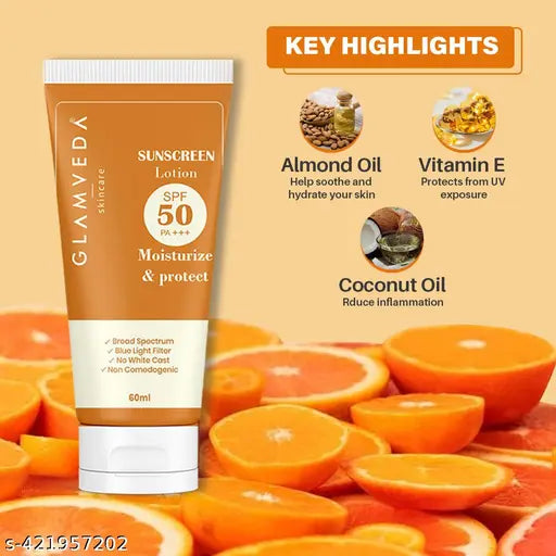 Glamveda Hybrid Sunscreen Lotion SPF 50 PA+++ Moisturize & Protect , UVA & UVB Protection With Vitamin E Formula | Non-Greasy, Quick Absorbing Matte Formula, No White Cast - Ultimate Skin Protection | Pack Of 3 180gm
