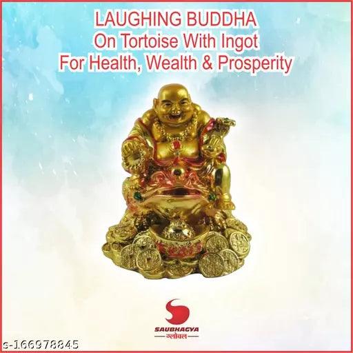 Saubhagya Global On Tortoise with Ingot Golden Laughing Buddha for Health, Wealth & Prosperity - Springkart 