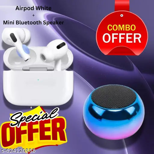 AirPro True Wireless Bluetooth Earphones with 30 Hours Playtime & Compatible for all Smartphones (White) + Mini Bluetooth Speaker Any Random Colour - COMBO