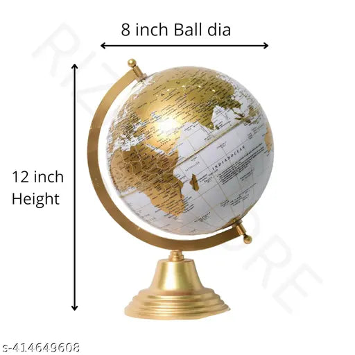 8 Inches White Gold Premium Decorative Rotating Globe with Metal Arc and Base