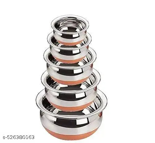 Dharma Handi cookware|Stainless Steel Copper Bottom Handi Pot 5 Piece|handi for biryani| Servware Pot|bowls| Multipurpose Bowls