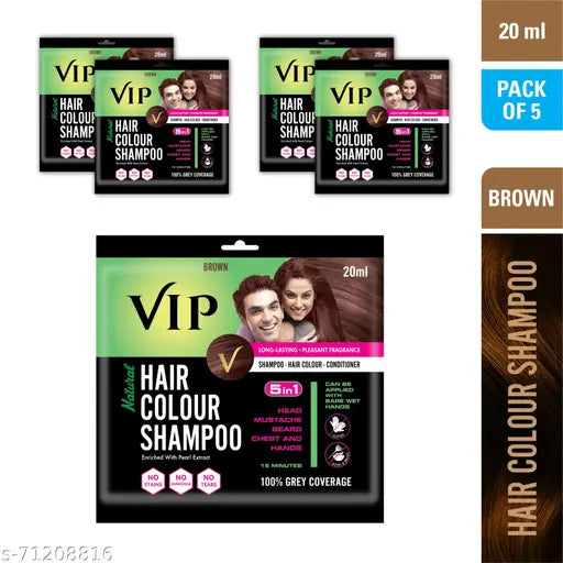 VIP Natural Brown Hair Color for Men & Women 20 ml, Pack of 5 | Ammonia Free Hair Dye Colour Shampoo