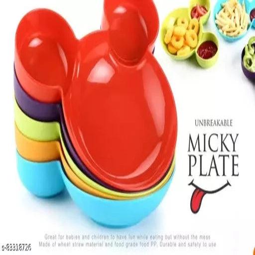 Plastic Unbreakbale Mickeyy Shaped Kids Snack Serving Plate ( Set of 3,+3 spoon 3 fork +frut frok Multicolour) - Springkart 