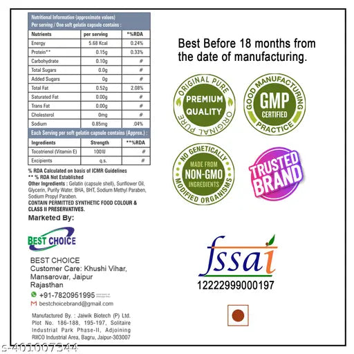 Vitamin E Caps for Face and Hair, Antioxidant Support and Immunity Booster, Controls Wrinkling, Skin Dehydration, 250 Caps (BLUK) - Springkart 