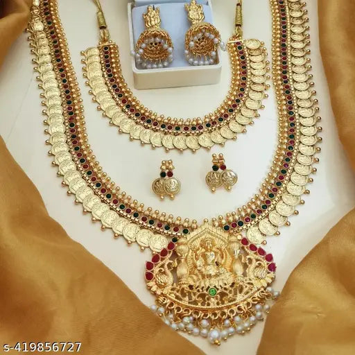 SAGALITE South Indian Traditional Kasumalai Micro Gold Plated Laxmiji Coin Haram Necklace Set For Women And Girls