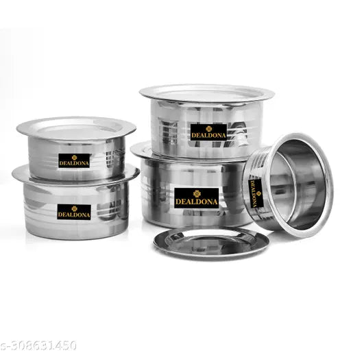 Dealdona Stainless Steel Patila Bhagona Tope Set With Lid Handi Milk Storage Tapeli Tapela Serving Set Cookware - Pot 20 cm, 18 cm, 16 cm, 14 cm, 12 cm diameter 2000 ML, 1500 ML, 1000ML, 750 ML & 500 ML capacity with Lid (Stainless Steel)