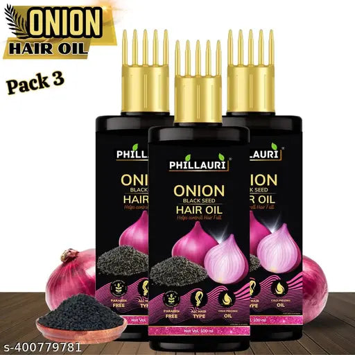 Phillauri Onion Black Seed Hair Oil Controls Hair Fall, NO Mineral Oil, Synthetic Fragrance (100ml) pack of 3 - Springkart 