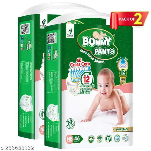 Bummy Pants Baby Diaper New Born (NB) Size, 92 Count, Super Absorbent 5D Cross Core with Anti Rash dual Layer Up to 12 Hrs Protection, Pack of 2, Upto 3Kg