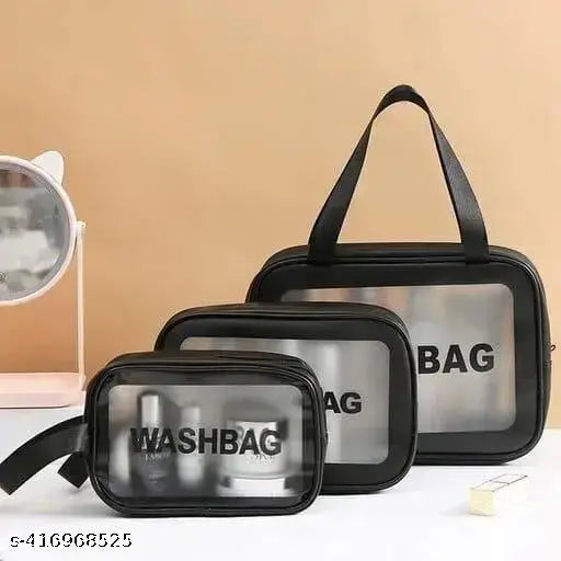 Premium Trio Stylish & Waterproof Makeup Pouch Set - 3 pcs Washbag Combo, Ideal Travel Organizer for Women. Versatile Toiletry Storage Bags, Perfect for Bath Accessories & Grooming Kit (Black)