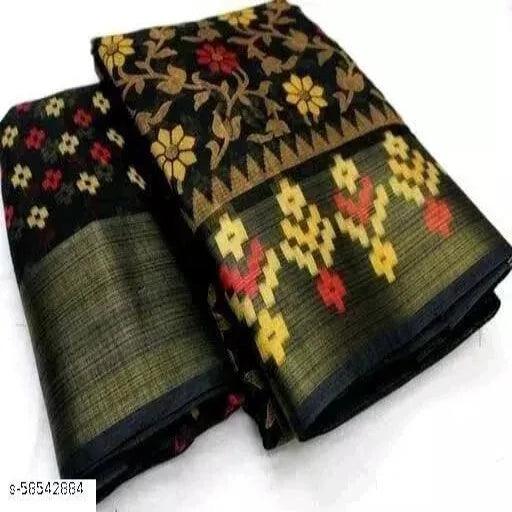 BRASSO COTTON SAREE Blend Black Brocade attractive zari patta Saree With Blouse - Springkart 