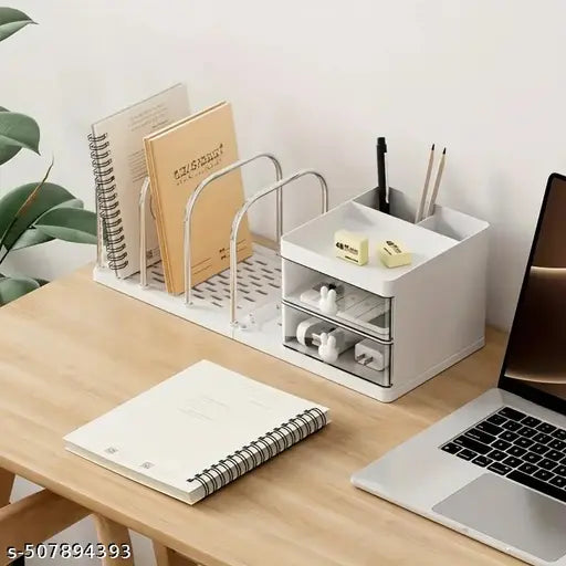 Plastic Desk Organizer with Drawers & Stationery Holder – 4-Compartment Collapsible Magazine File Holder for Office, Home & Study Table Storage - White