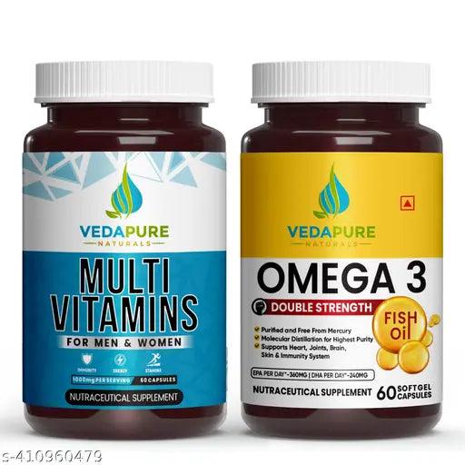 Fish Oil Omega-3 Double Strength for Heart, Brain & Muscle function & multivitamin for Energy, Stamina, & Immunity COMBO PACK