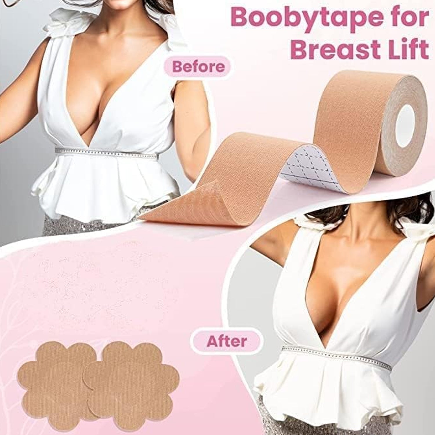 6596 Boob Tape With 10 Pairs Nipple Cover Cotton Wide Thin Breast Tape - Womens Girls Breast Lift Booby Tape - Push Up Lifting Tape - Suitable For All Breast Types - Breast Lift Bra Tape - Bob Tape For Natural Breast Lift (1 Pc 5 Meters) - Springkart 