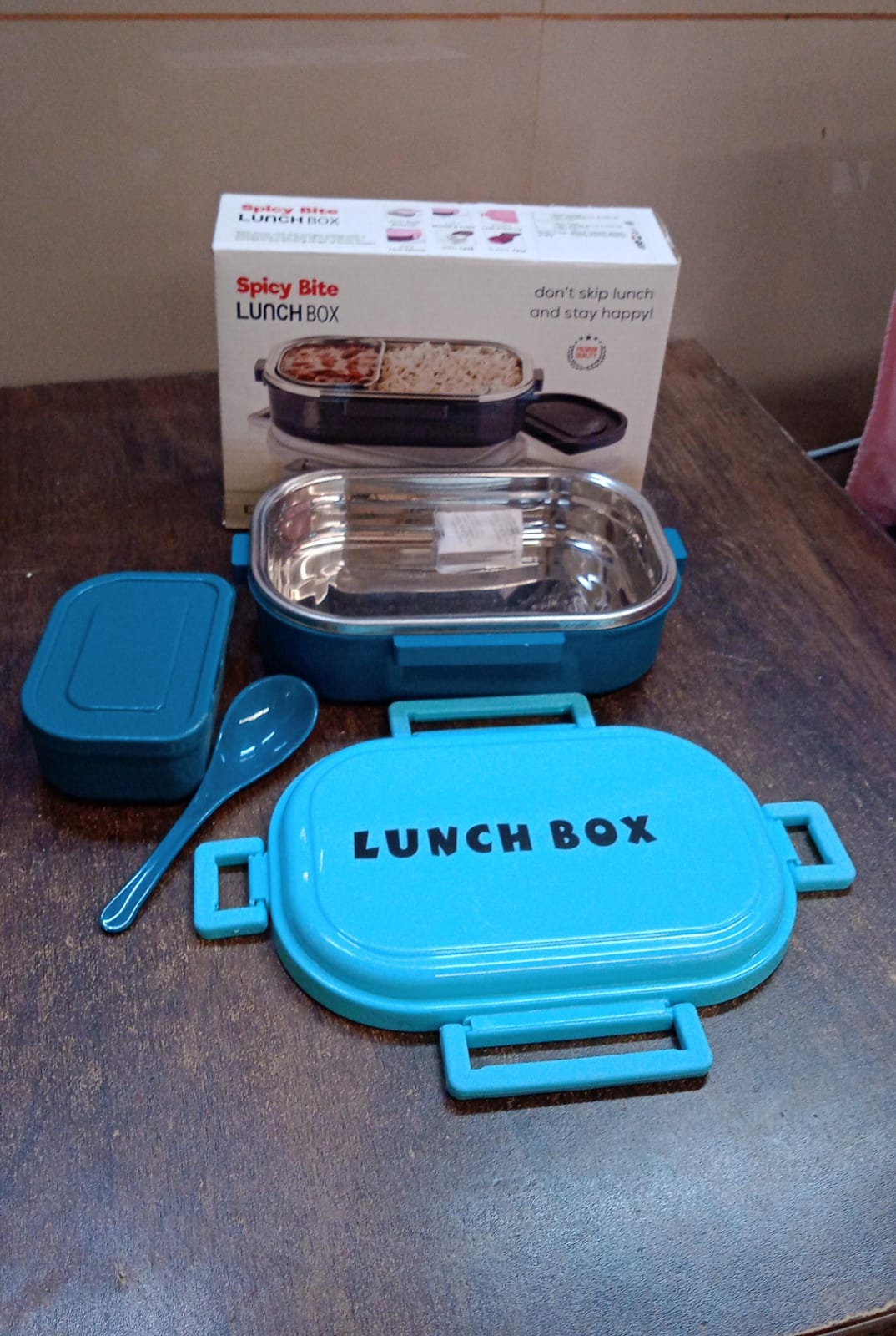 3 In 1 Spicy Bite Stainless Steel Lunch Box With Plastic Small Box Spoon (1 Set) - Springkart 