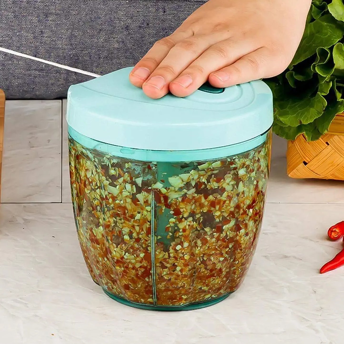 2065 6 Blade 2in1 Manual Food Chopper Compact Powerful Hand Held Vegetable Chopper (1000ml) - Springkart 