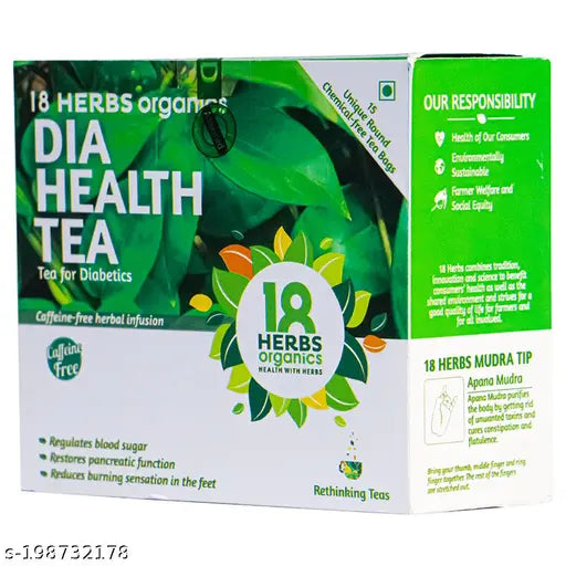 18 Herbs Organics Dia Health Tea for Diabetes | Restores Pancreatic Function, Regulates Blood Sugar - 15 Tea Bags - BOX - Pack of 4