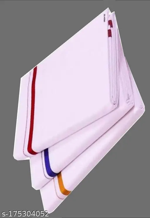 2 Meters, White bleached Dothy, Mundu, Colour Border- Cotton Dhothy 3 pcs (Multi- Color Border)