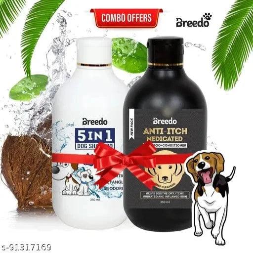 Breedo Dog (Combo of 2) Dog Anti-Itch Shampoo 250 + 5 IN 1 Shampoo 250 ml Allergy Relief, Conditioning, Anti-fungal, Anti-microbial, Anti-itching, Anti-dandruff Natural Dog Shampoo (Total 500 ml) Shampoos & Conditioners for Pets