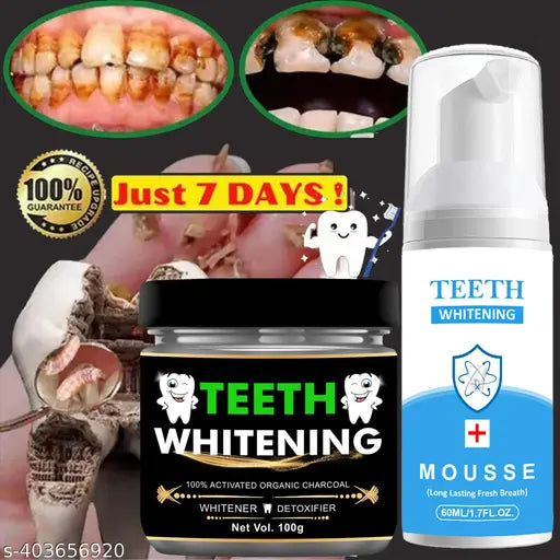 Activated charcoal Tooth Powder For Teeth Whitening 100gm + Teeth Whitening Foam Toothpaste Makes You Reveal Perfect & White Teeth, Natural Whitening Foam Toothpaste Mousse with Deeply Clean Remove Stains-60m