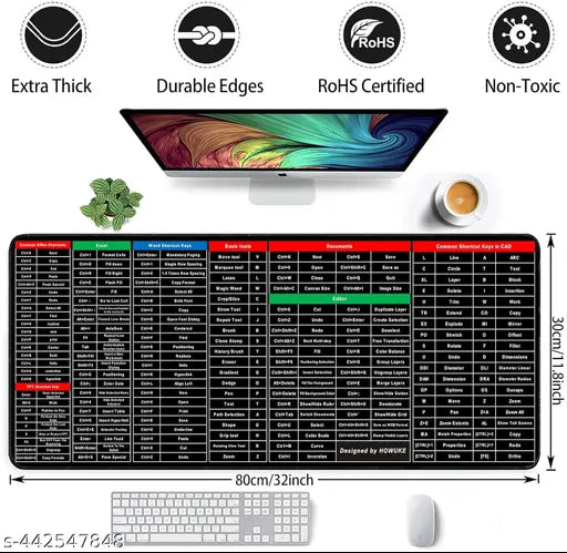 Anti-Slip Keyboard Pad with Office Excel Software Shortcuts Key Patterns, Clear Extended Large Cheat Sheet Mouse Pad, Large Rubber Base Mice Smooth Cloth Desk Mat, Large Gaming Mouse Pad(80x30cm)