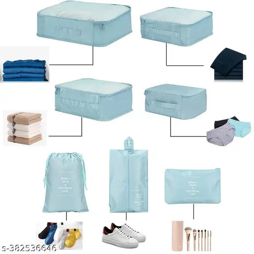 ItsApna pack of 1 Travel Organizer 7 in 1 Travel Laundry Cosmetics Luggage Packing Organizers Set Makeup Bags Organizer Packing Cubes with Shoe Bag for travel (L, Blue)